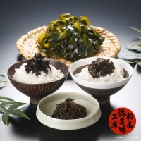 海女小屋のご飯のお供セット　>かじめ佃煮、わかめ佃煮、塩蔵わかめ、塩漬もずく