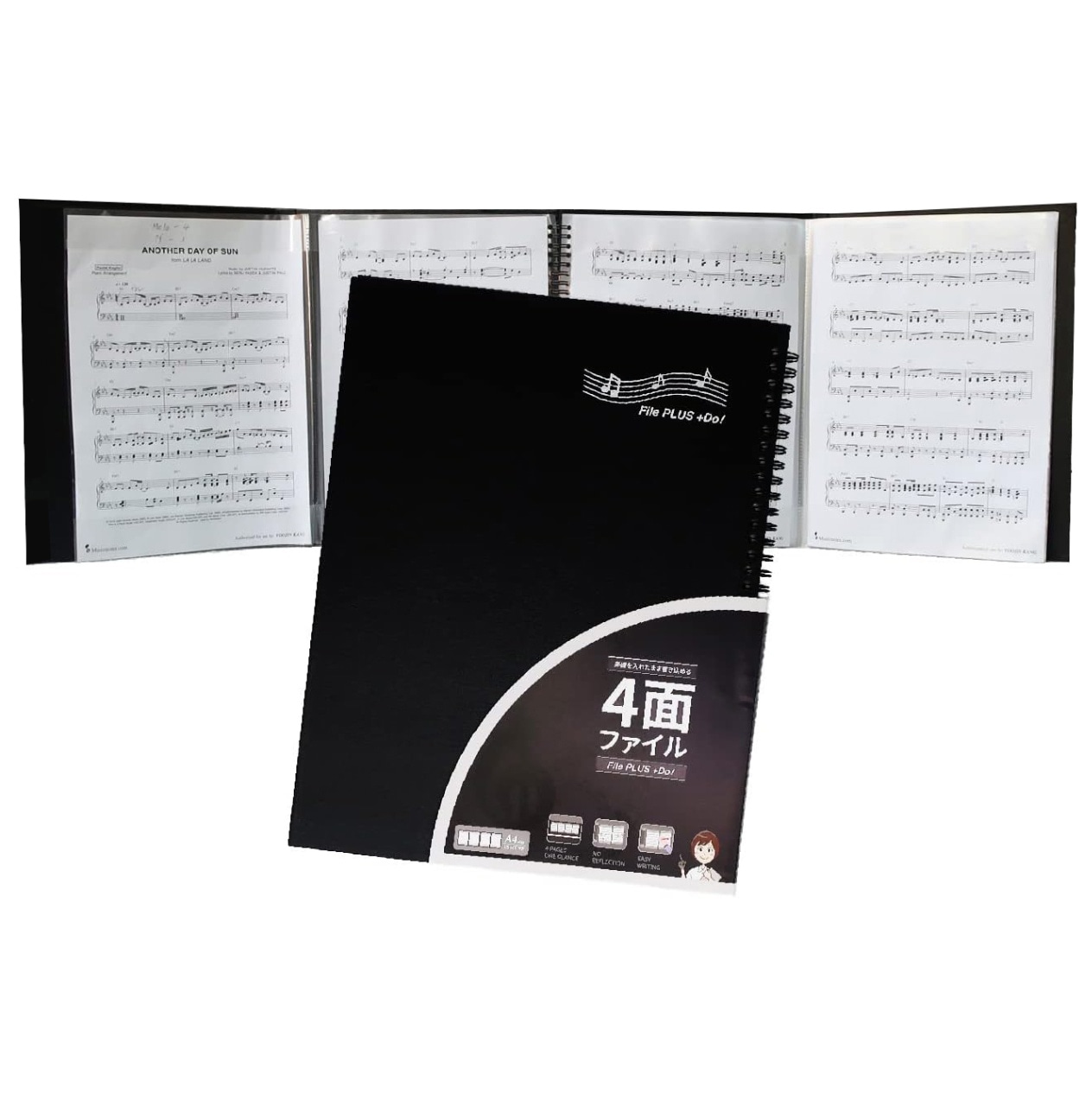 FilePlus Do４ページ見開き ４面 楽譜ファイル 15枚 60ページ ピアノ 楽譜 4面台紙 書き込みOK 照明 反射しない