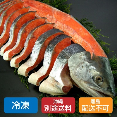 (函館朝市船岡商店)北洋産本紅鮭姿造り(うす塩)1尾2kg(約20切)【ギフト_のし紙可】【送料無料】