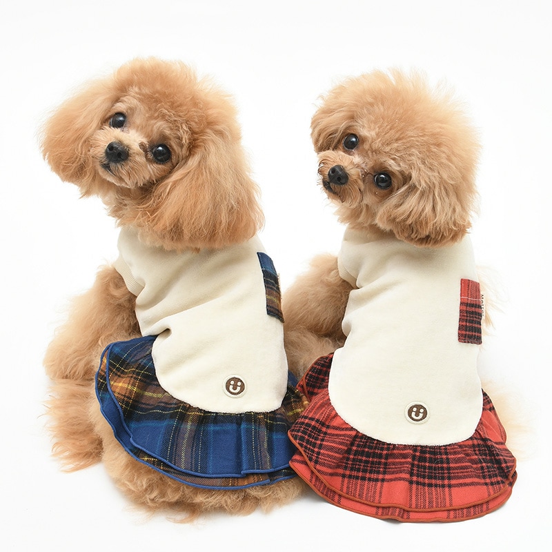 犬の服(秋冬用ノースリーブ)＞ベロアxチェックポケットワンピース