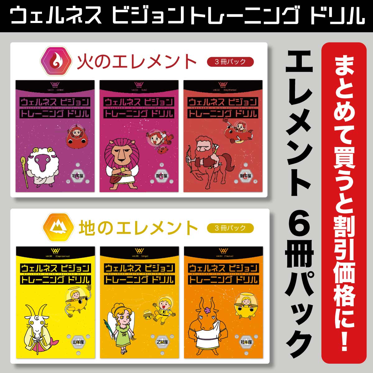 ウェルネスビジョントレーニングドリル［ 火のエレメント3冊 + 地のエレメント3冊 ］6冊セット