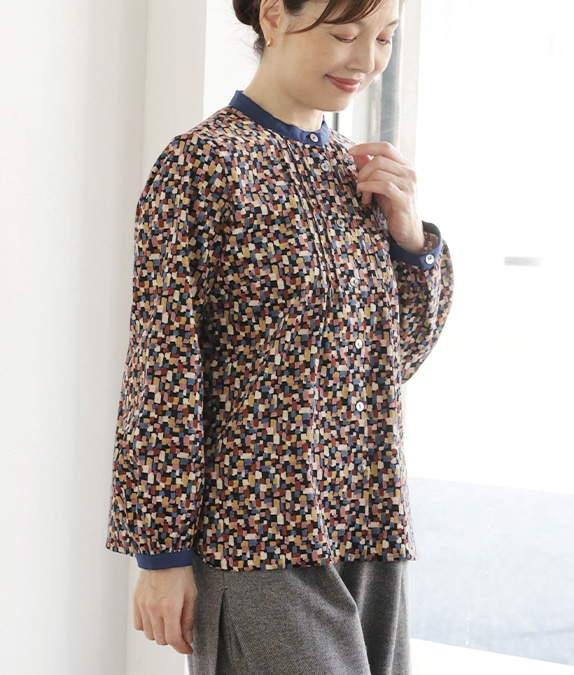 【SALE40%OFF】ブロックプリントコール天ブラウス