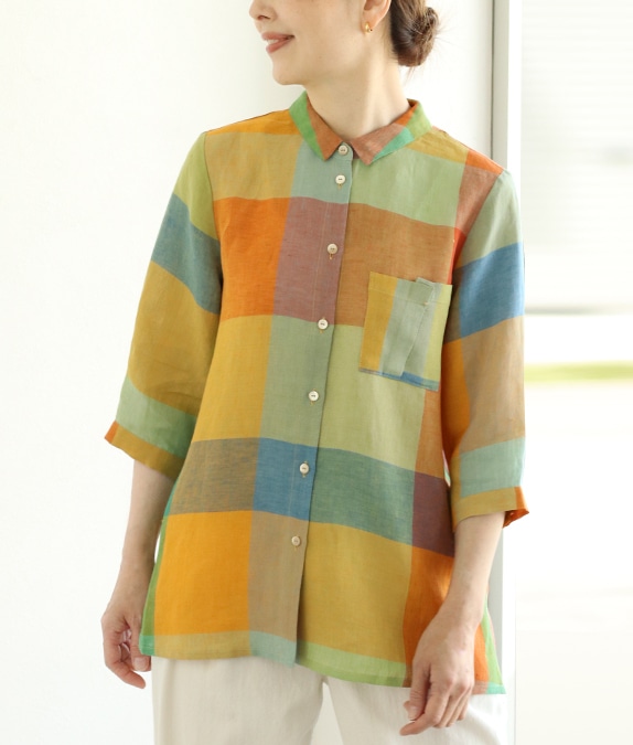【SALE20%OFF】リネンマルチチェックブラウス