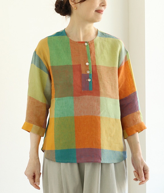 【SALE30%OFF】リネンチェックかぶりブラウス