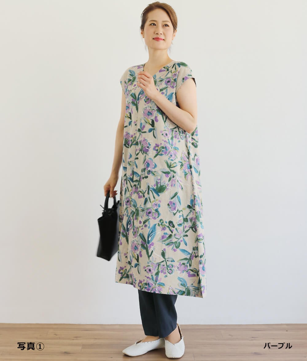 【新品】Always 花柄リネン100　膝丈ワンピース　チュニックXL 綿麻花柄ワンピースl 50代・60代からの婦人服 オルウェイズ公式通販サイト