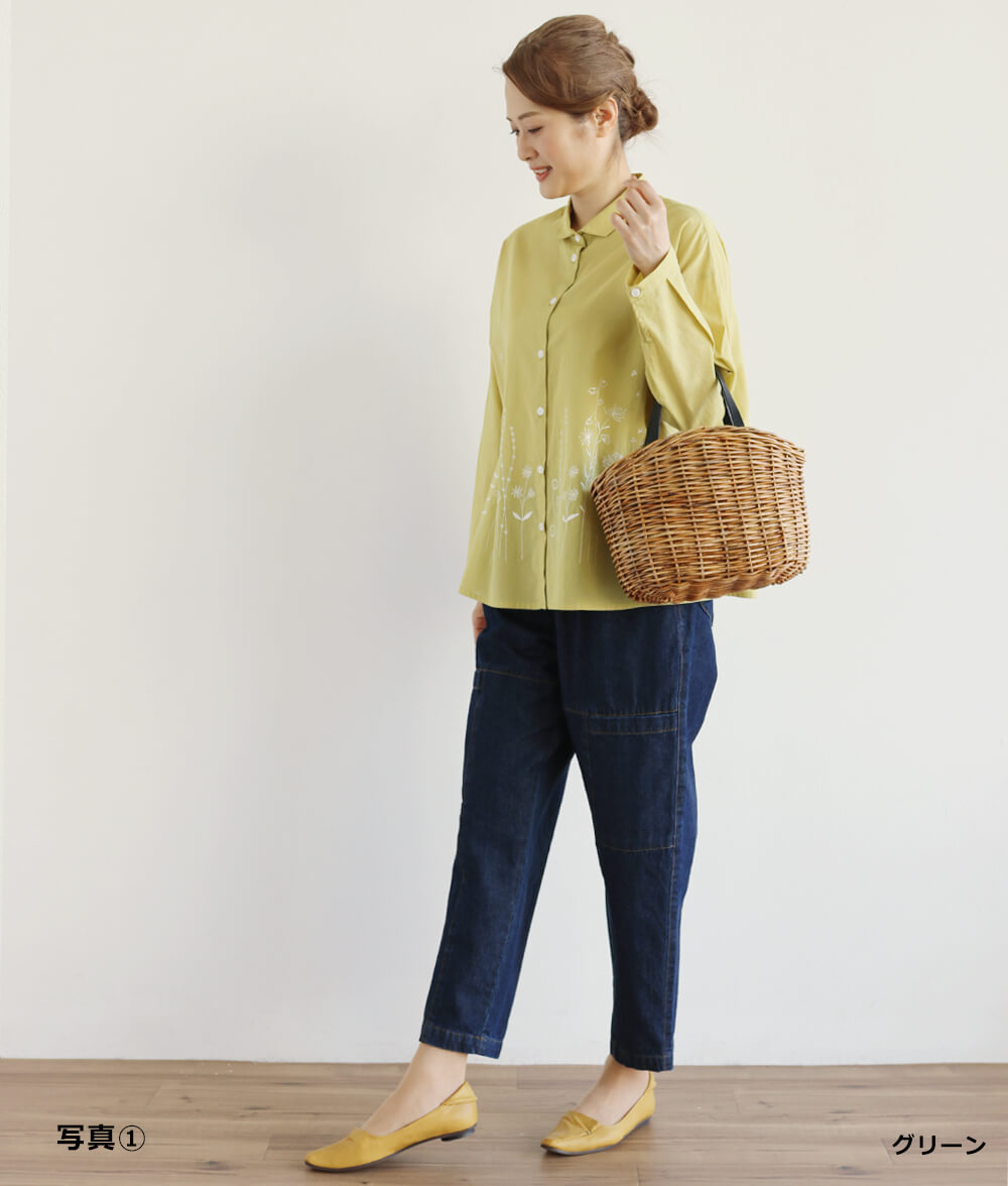 草花刺繍ブラウス前開き