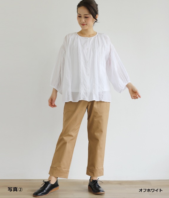 はしごレースブラウス　オフ白 セール】 インドピンタック+はしごレースブラウス（オフホワイト