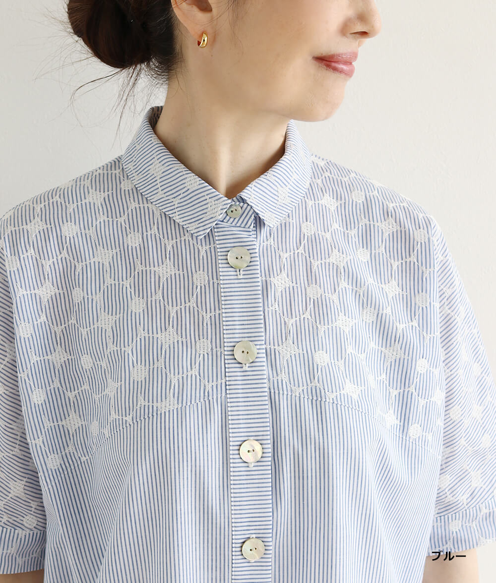 刺繍ストライプブラウス