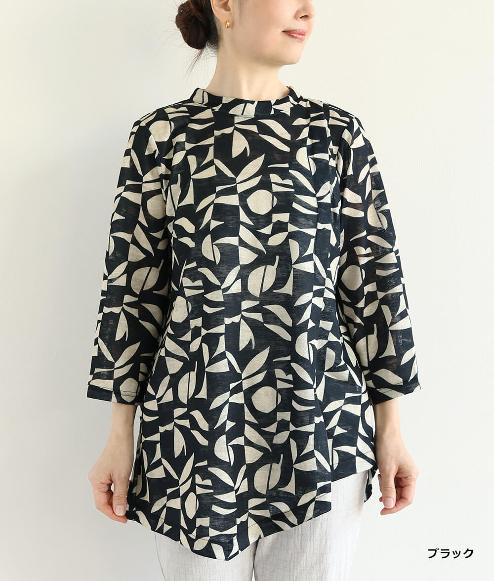 慈雨　花柄　チュニック　トップス　ドローコード　アシンメトリー アシンメトリーチュニックl 50代・60代からの婦人服 オルウェイズ公式