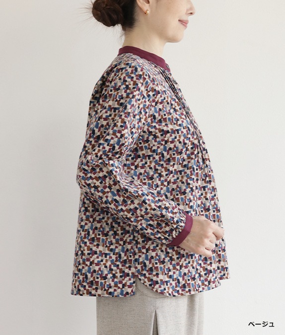 ブロックプリントコール天ブラウスl 50代・60代からの婦人服