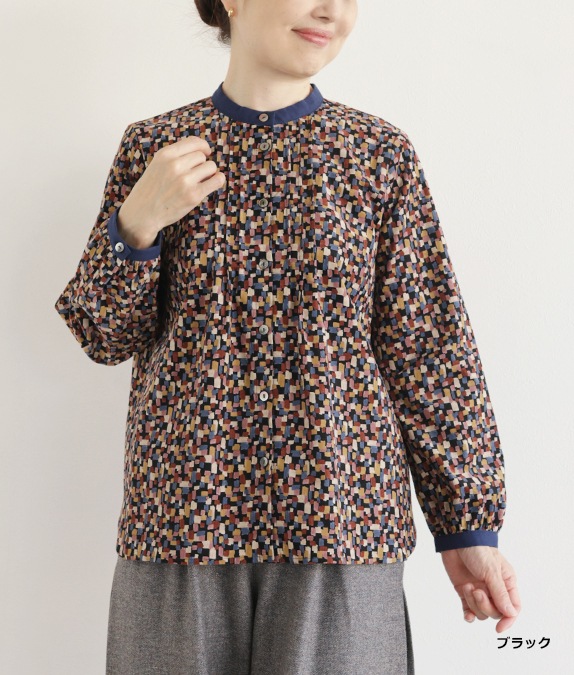 ブロックプリントコール天ブラウスl 50代・60代からの婦人服