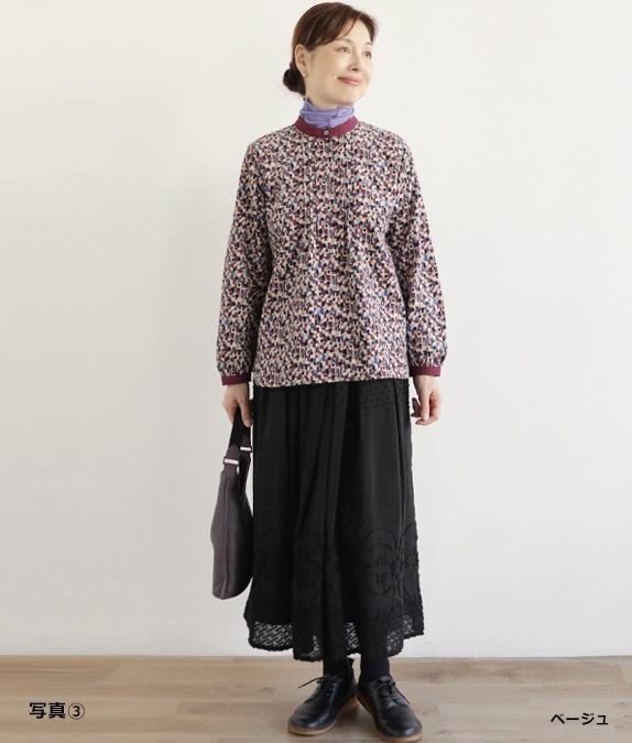 ブロックプリントコール天ブラウスl 50代・60代からの婦人服