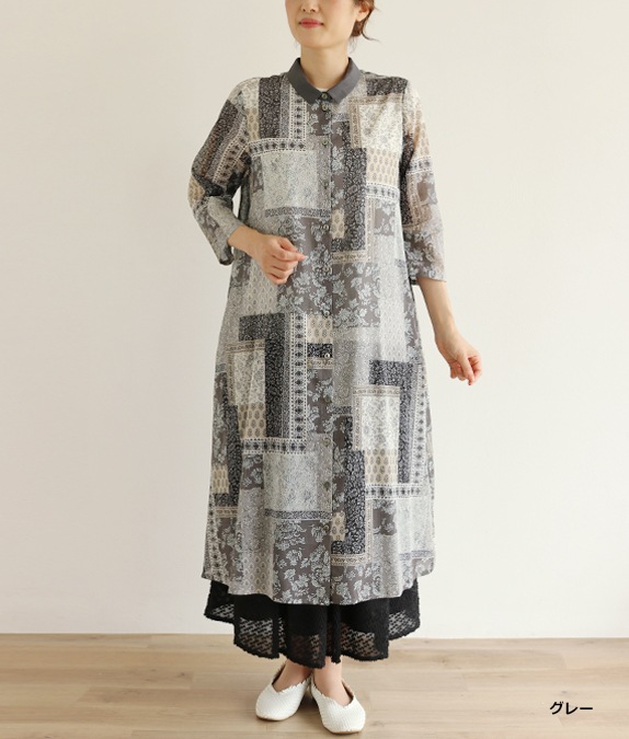 70年代パッチワーク柄マキシワンピース パッチワーク柄ワンピースl 50代・60代からの婦人服 オルウェイズ公式