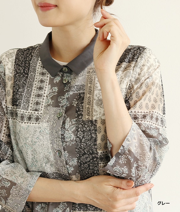 古布　運針刺し子入り　2ウェイ　パッチワーク　長袖　ワンピース パッチワーク柄ワンピースl 50代・60代からの婦人服 オルウェイズ公式