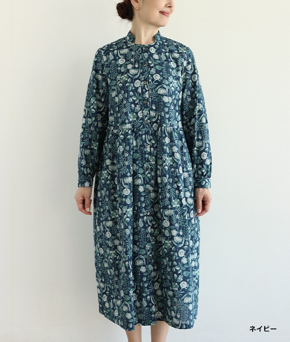 オリジナル　国産高級綿タックワンピース(花柄) 花柄 フロントタックワンピース ワンピース レディース 送料無料・再