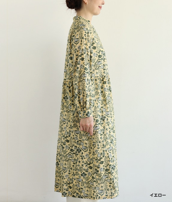 ★c アクリス ワンピース タグ付き コットン スイス製 イエロー 上品 半袖 草花柄タックワンピース l 50代・60代からの婦人服 オルウェイズ公式