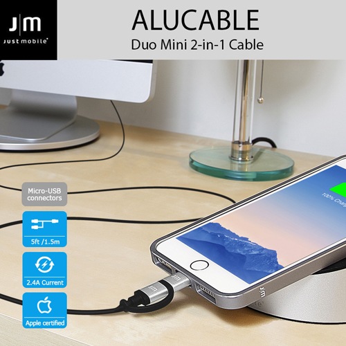 MFi認証 ライトニング&micro-USB 変換ケーブル Just Mobile AluCable Duo(ジャストモバイル アルケーブルデュオ)1.5M 2in1タイプ アルミ製 充電 データ転送対応