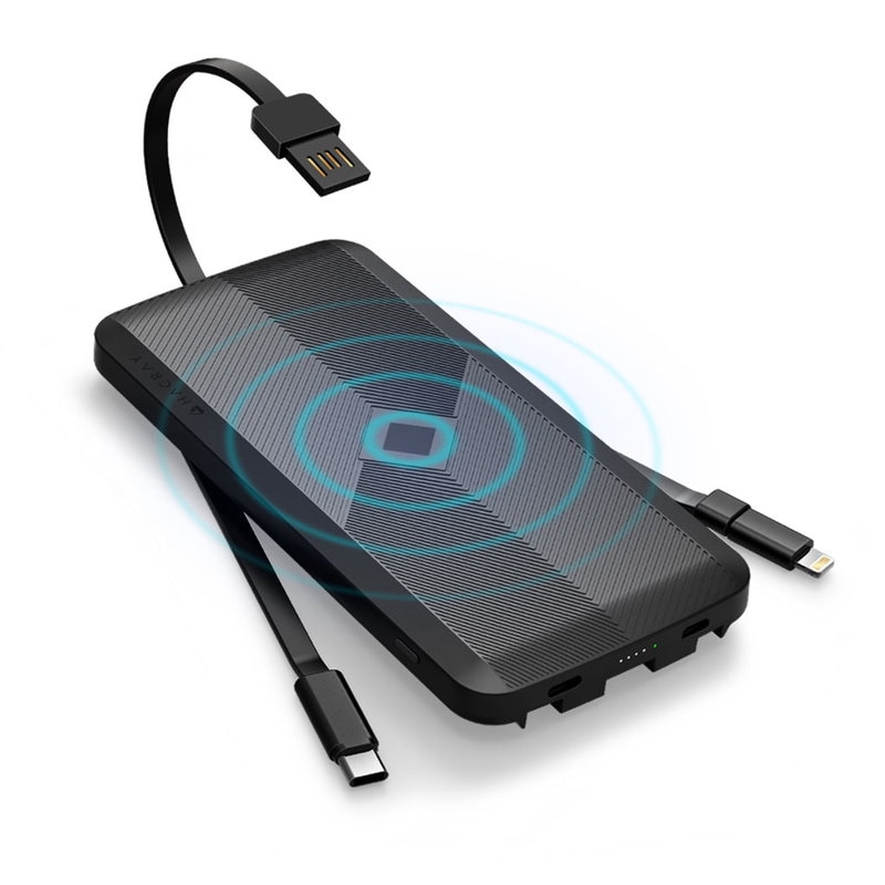 【訳あり アウトレット】 ワイヤレス充電器 モバイルバッテリー HACRAY ケーブル内蔵型 4in1 マルチ充電ケーブル付き 8000mAh Qi対応 置くだけで充電できる 携帯充電器 スマホ充電器 Type-C ライトニング Micro USB ケーブル付き