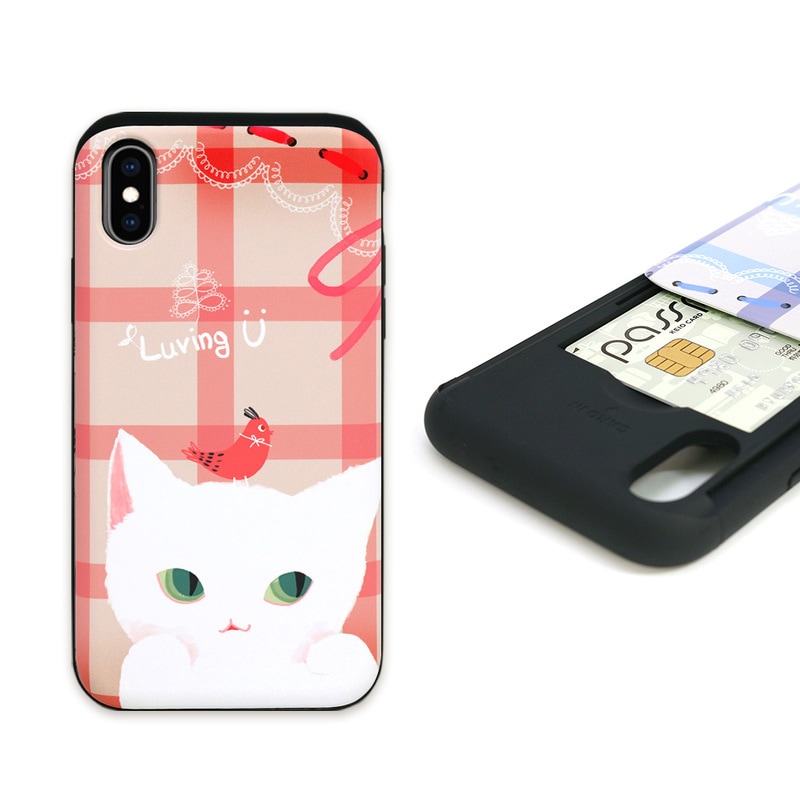 【訳あり アウトレット】 iPhone XS / X ケース iPhone XR ケース Happymori Card slide Cat Couple（ハッピーモリ カードスライド キャットカップル）アイフォン カバー スライド式 カード収納 