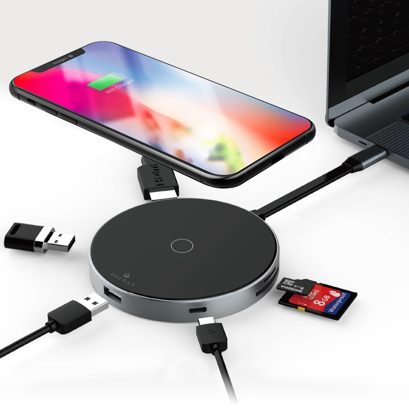 【訳あり アウトレット】USB-Cハブ ワイヤレス充電器 Hacray 7in1 USB-C Hub + Qi Wireless Charger （ハクライ ） Qiワイヤレス充電 SDカードリーダー HDMI Type-C 出力ポート 置くだけで急速充電 USB-C拡張ハブ