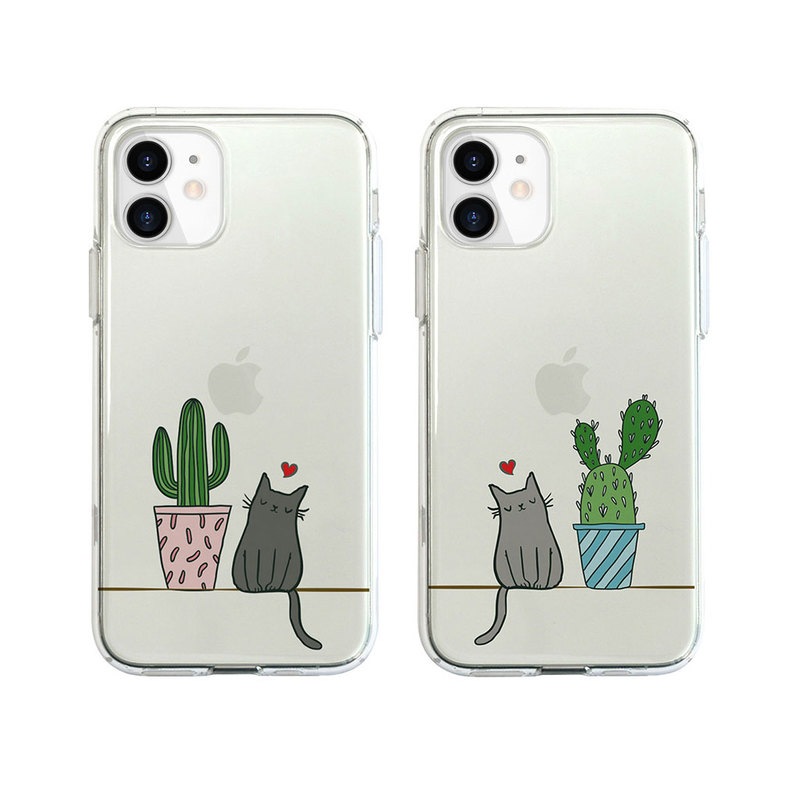 【訳あり アウトレット】 iPhone SE (第3世代) ケース カバー Dparks ソフトクリアケース 猫とサボテン [iPhone SE3/SE2/12 Pro/12/12 mini/11 Pro/11]