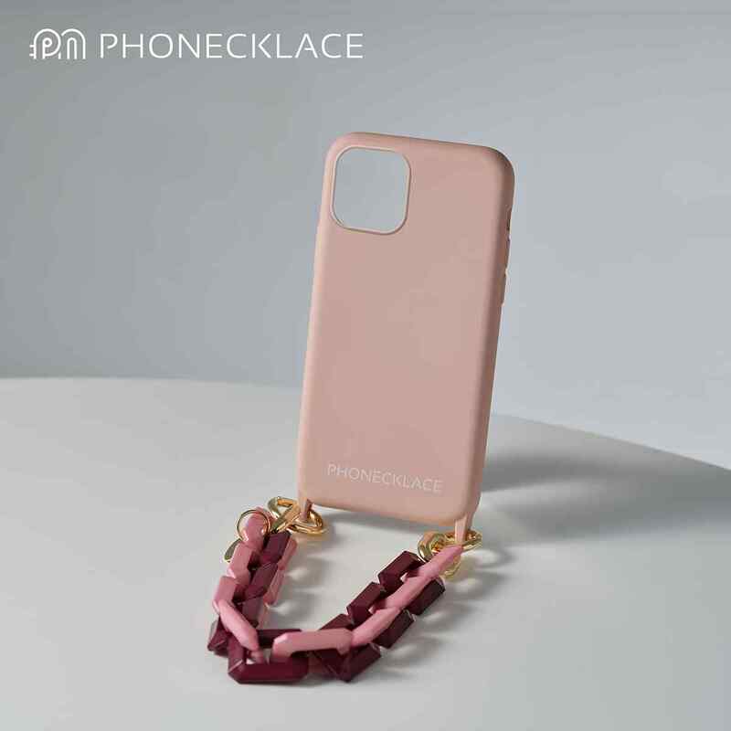 ストラップ＆ケース ハンドチェーンストラップ付き 「パウダーピンク」 シリコンケース for iPhone 14 / 13 / 13 Pro / 13 Pro Max PHONECKLACE