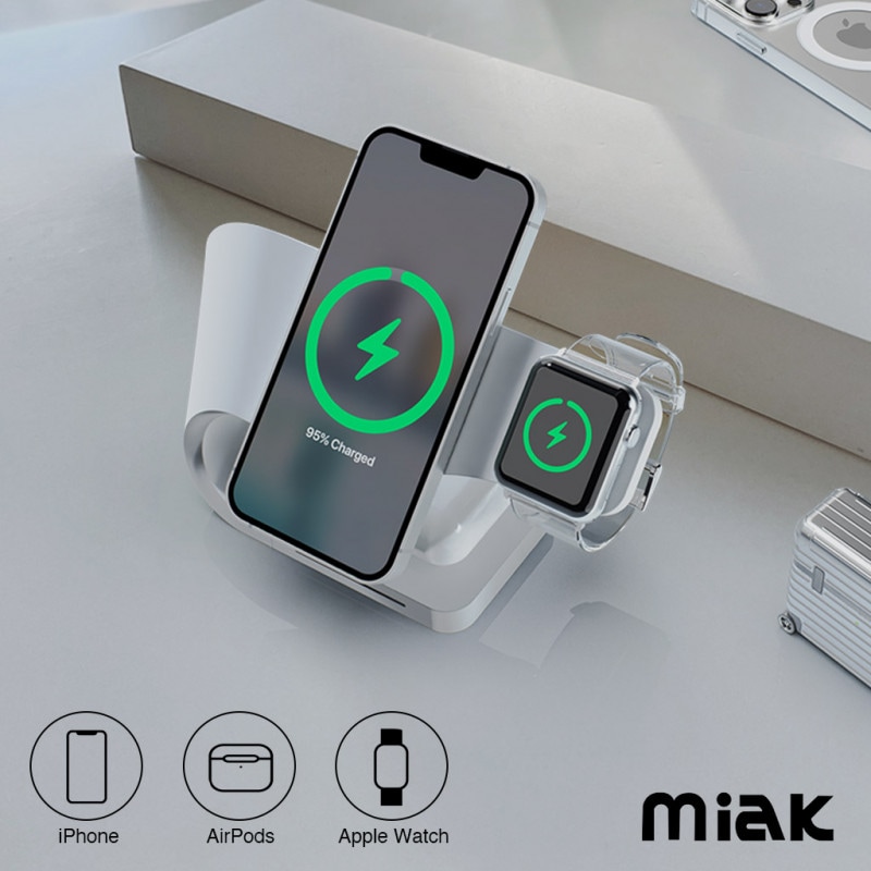 miak ワイヤレスチャージャー 3in1 Wave ワイヤレス充電スタンド [ for iPhone Apple Watch AirPods 同時充電 Android ]