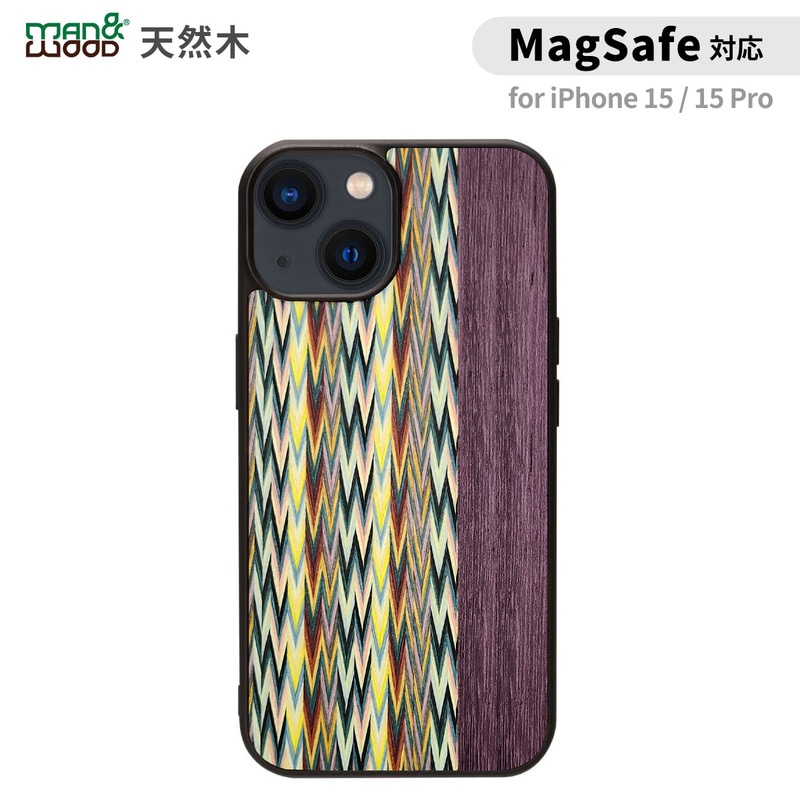 Man&Wood [ iPhone 15 / 15 Pro 用] MagSafe対応 天然木ケース Viola Check 木製 スマホケース