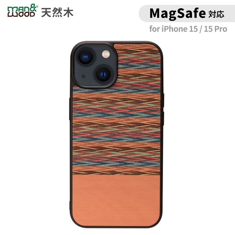 Man&Wood [ iPhone 15 / 15 Pro 用] MagSafe対応 天然木ケース Browny Check 木製 スマホケース