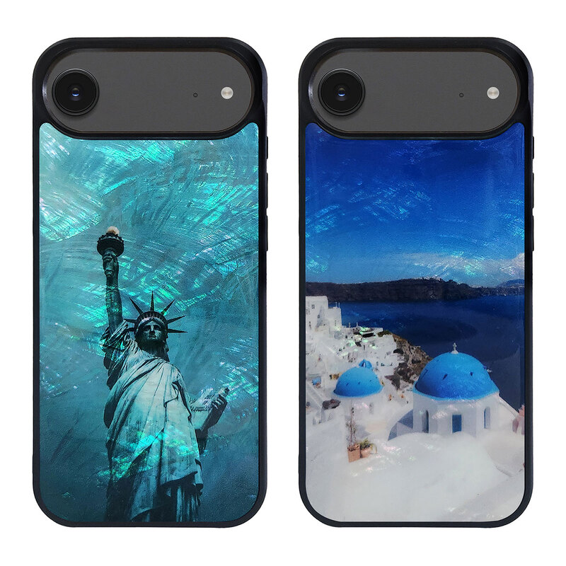 [ iPhone 17 / iPhone Air / 17 Pro 用] 天然貝ケース 名所シリーズ 自由の女神 サントリーニ島 for iPhone 16 / 16 Pro