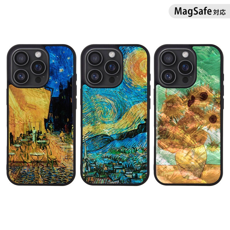 [iPhone 16 / 16 Pro 用] MagSafe対応 天然貝ケース ゴッホ 名画シリーズ  夜のカフェテラス 星月夜 ひまわり 