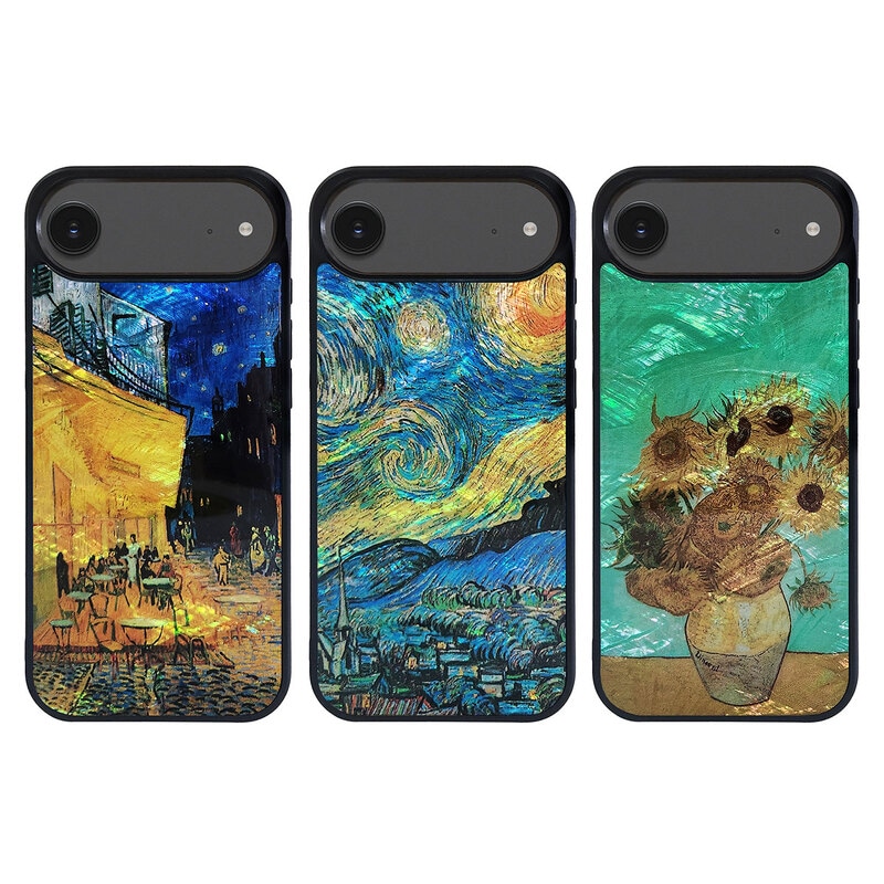 [ iPhone 17 / iPhone Air / 17 Pro 用] 天然貝ケース ゴッホ 名画シリーズ 夜のカフェテラス 星月夜 ひまわり for iPhone 16 / 16 Pro|ikin