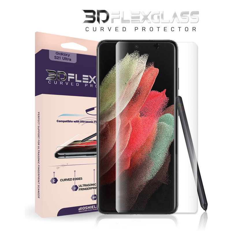 【訳あり アウトレット】 BIOSHIELD Galaxy S21 Ultra フィルム 3D FLEX GLASS フルカバー液晶保護フィルム（バイオシールド 3Dフレックスグラス） 超音波指紋認証 曲面保護フィルム 超薄型 Galaxy S21 Ultra | S20 | S20+ | S10 | S10+
