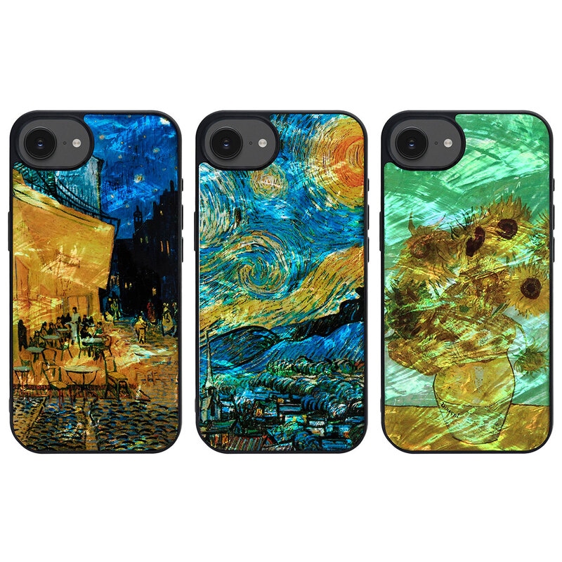 [iPhone 16e 用] 天然貝ケース ゴッホ 名画シリーズ 夜のカフェテラス 星月夜 ひまわり
