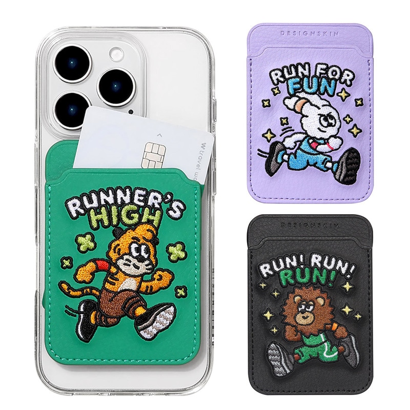 MagSafe対応 刺繡カードポケット ランニングアニマル [2枚収納 カードウォレット] for iPhone Android