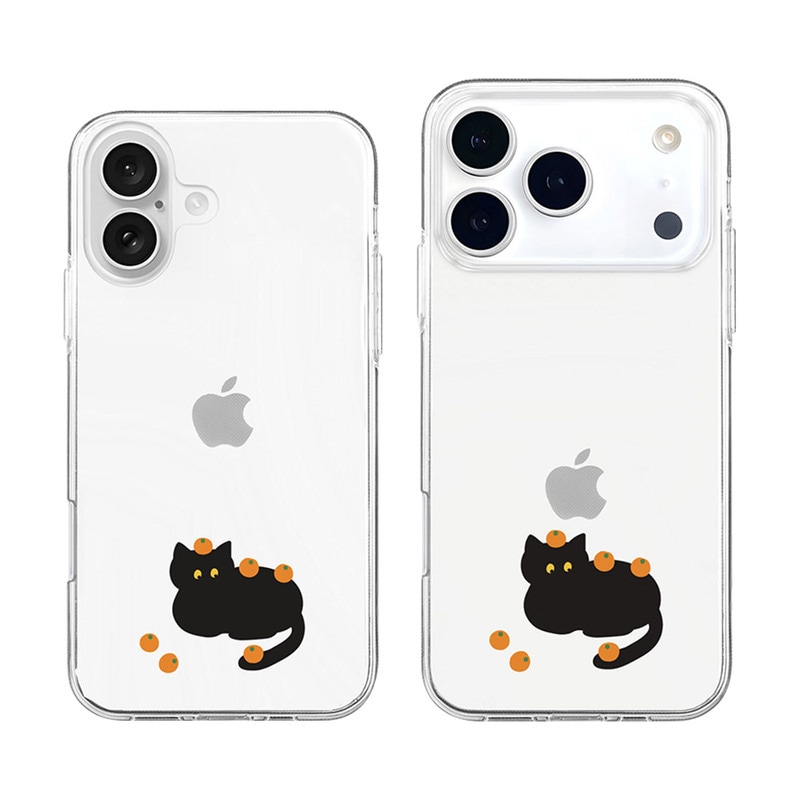 [ iPhone 17 / 17 Pro 用] ソフトクリアケース くろねことミカンまみれ 透明カバー