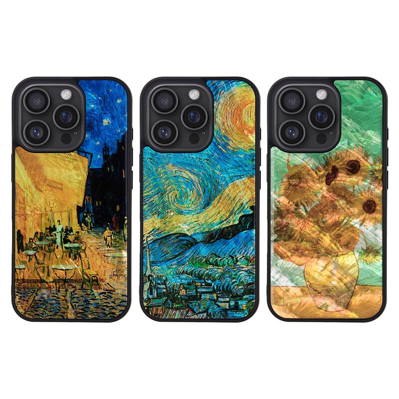 【訳あり アウトレット】[ iPhone 17 / iPhone Air / 17 Pro 用] 天然貝ケース ゴッホ 名画シリーズ 夜のカフェテラス 星月夜 ひまわり for iPhone 16 / 16 Pro