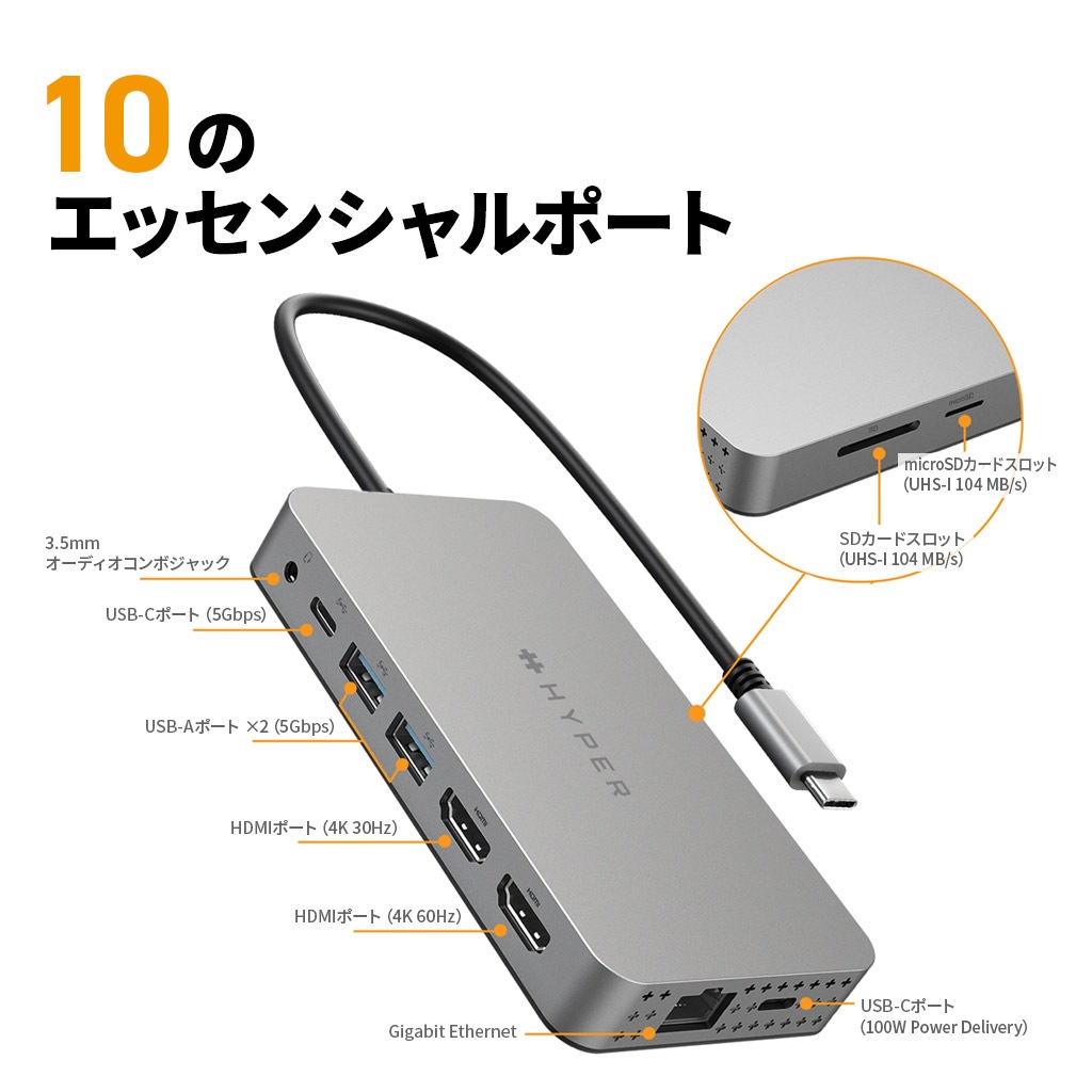 HyperDrive デュアル 4K HDMI 10in1 USB-Cハブ [PD 100W for M1/M2/M3 MacBook Air/Pro ] HYPER++