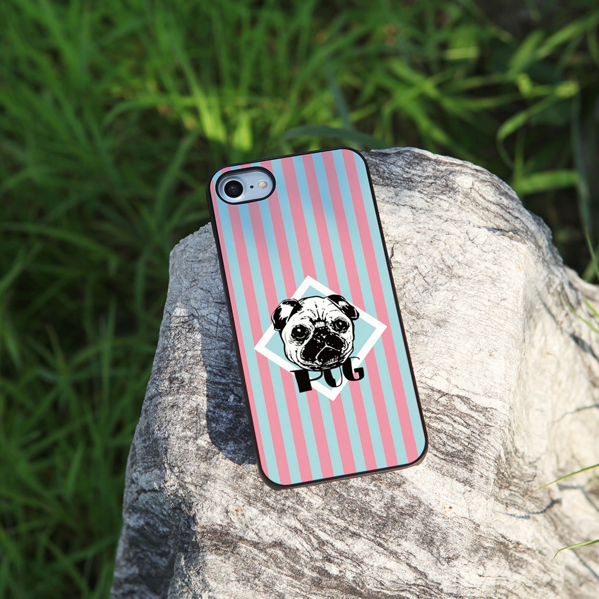 【iPhone SE 第2世代 (SE2) / 8 / 7 ケース】Dparks ブラックケース ストライプ＆ドッグ【パグ / ブルドッグ】
