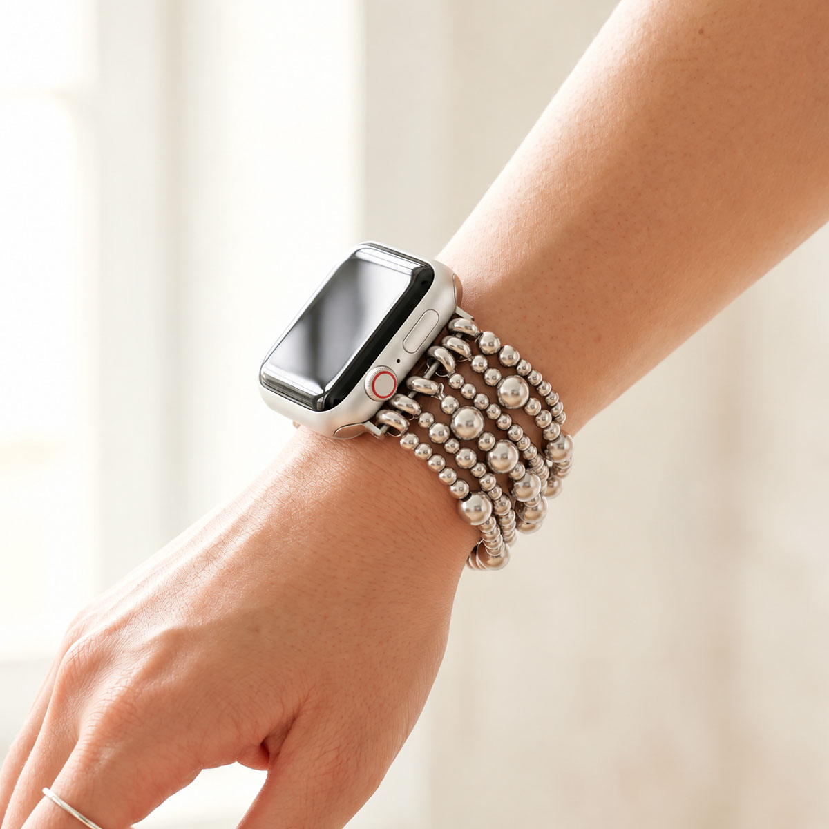 アップルウォッチバント ハンドメイド アース デミュア ストレッチ プラチナシルバー for Apple Watch 38-49mm（S・Lサイズ）＜予約受付中＞