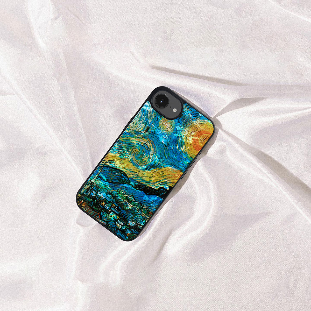 [iPhone 16e 用] 天然貝ケース ゴッホ 名画シリーズ 夜のカフェテラス 星月夜 ひまわり