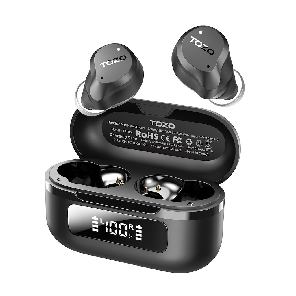 完全ワイヤレスイヤホン AeroSound ブラック｜重低音 ANC -45dB 最大55時間再生 防水 IPX8