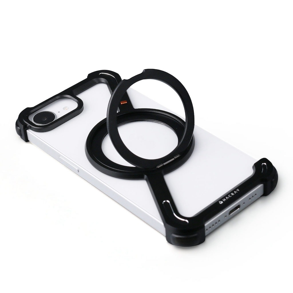 [iPhone 16e 用] アルミ バンパーケース 360 RingStand バンパー （リングスタンド）ブランド・シルバー