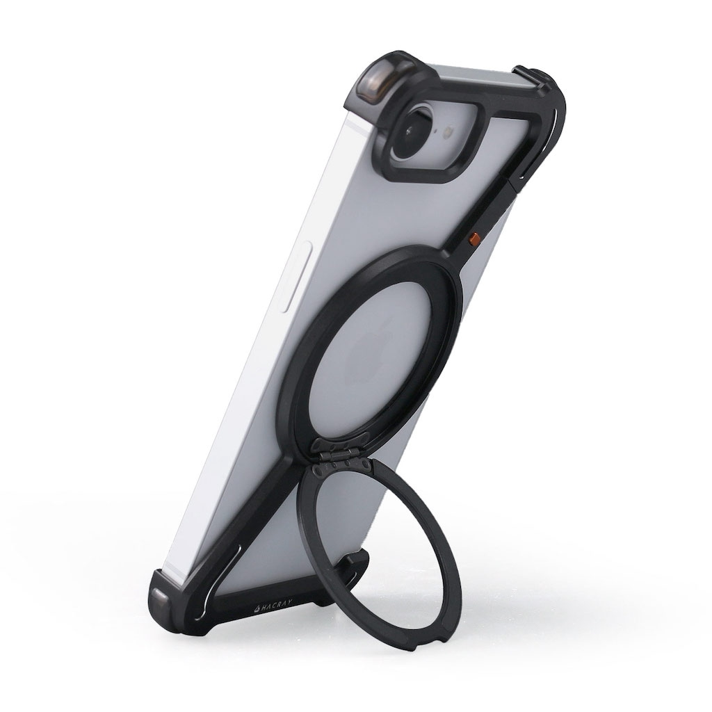 [iPhone 16e 用] アルミ バンパーケース 360 RingStand バンパー （リングスタンド）ブランド・シルバー