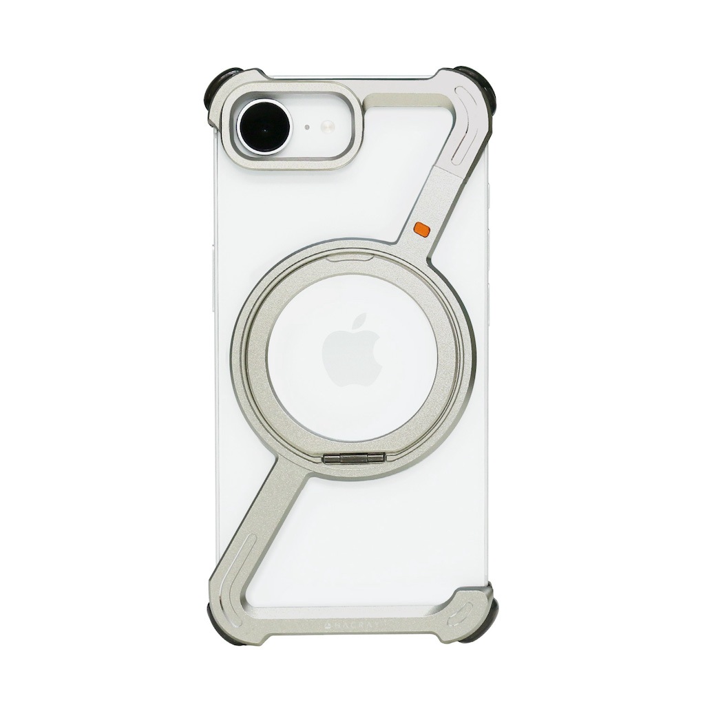 [iPhone 16e 用] アルミ バンパーケース 360 RingStand バンパー （リングスタンド）ブランド・シルバー