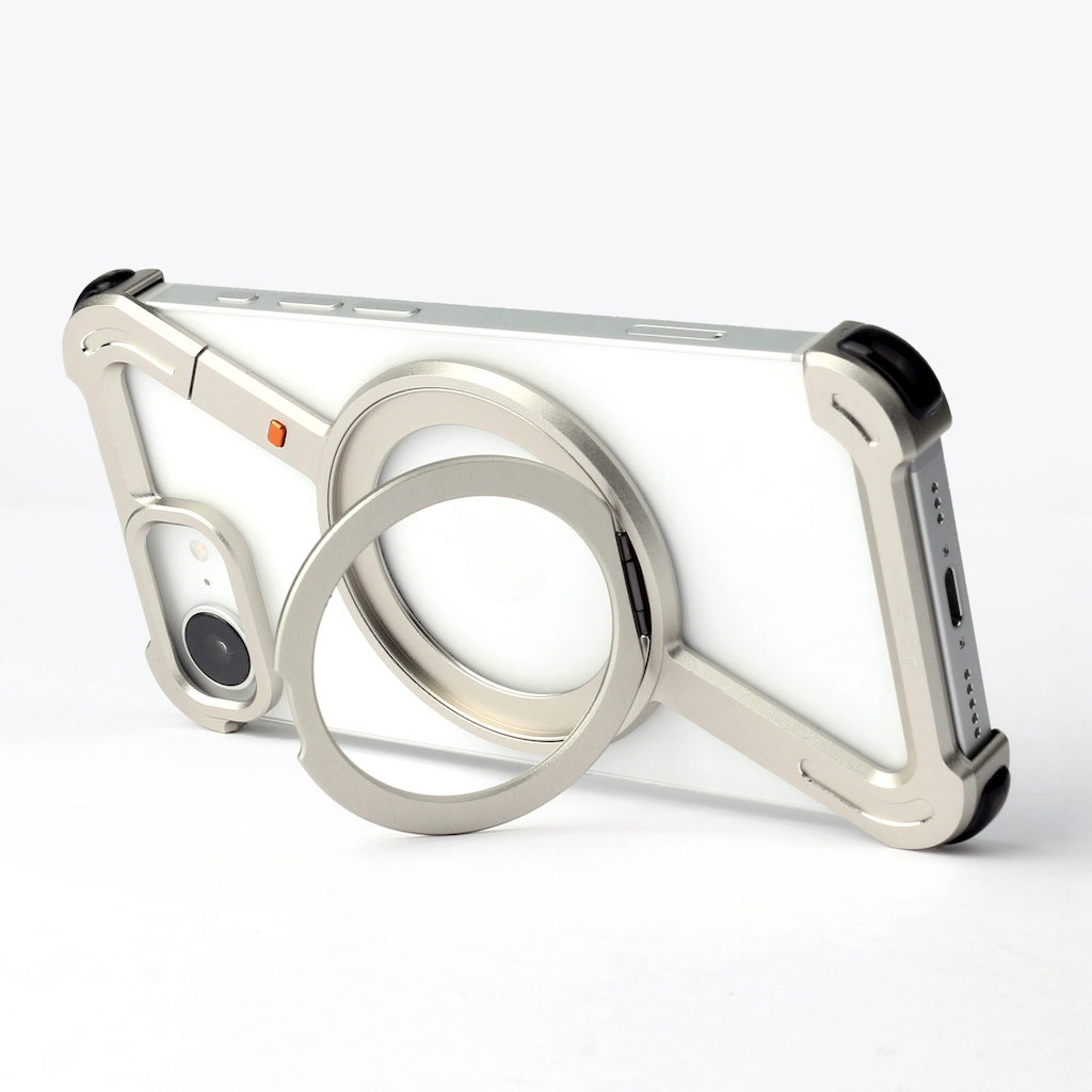 [iPhone 16e 用] アルミ バンパーケース 360 RingStand バンパー （リングスタンド）ブランド・シルバー