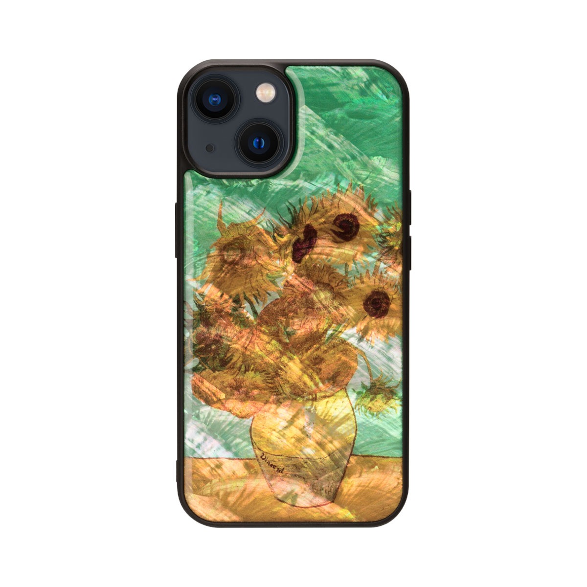 ikins [ iPhone 15 / 15 Pro 用] 天然貝ケース ゴッホ 名画シリーズ 夜のカフェテラス 星月夜 ひまわり 光沢 パール