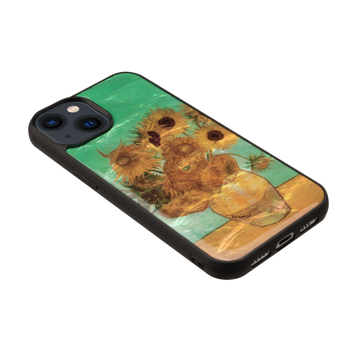 ikins [ iPhone 15 / 15 Pro 用] 天然貝ケース ゴッホ 名画シリーズ 夜のカフェテラス 星月夜 ひまわり 光沢 パール