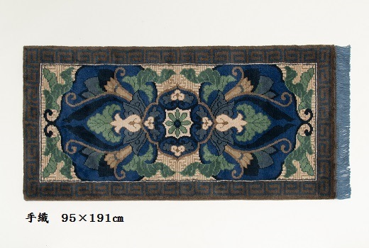 兜唐花紗綾形地縁雷文/中藍地灰地茶