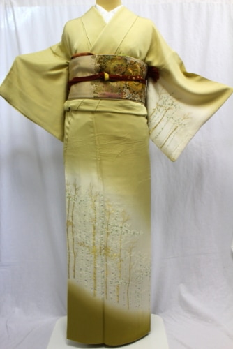 ◯C325正絹　袷　訪問着　寿光織　白樺　金糸　未使用しつけ付極美品　着物 ◯C325正絹 袷 訪問着 寿光織 白樺 金糸 未使用しつけ付極美